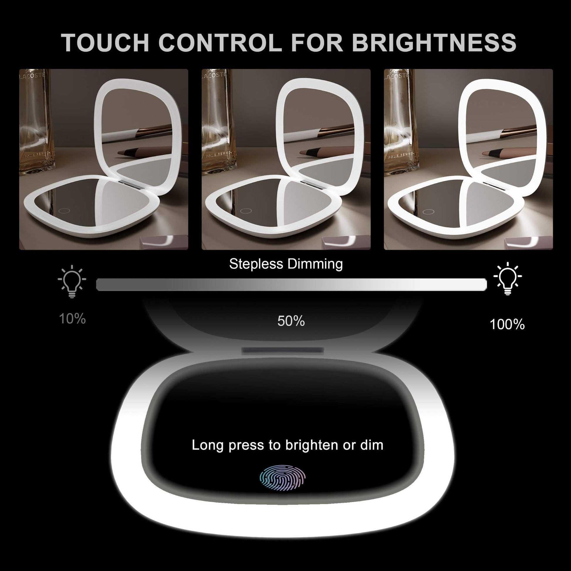 Compact LED Mirror, The Black Edit brightness view